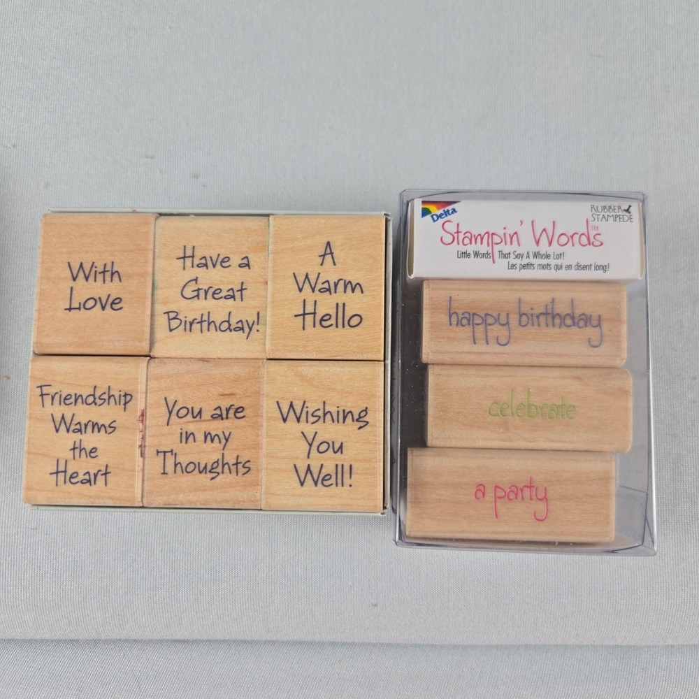 Wood Mounted Rubber Stamps Lot of 9 Birthday Friendship Greetings Crafting